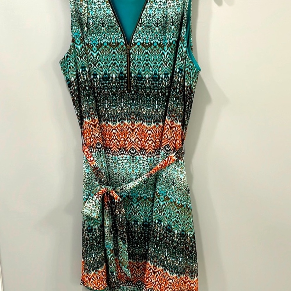 IZ Byer Patterned Sleeveless Dress - Teal and Orange- v neck zipper size small